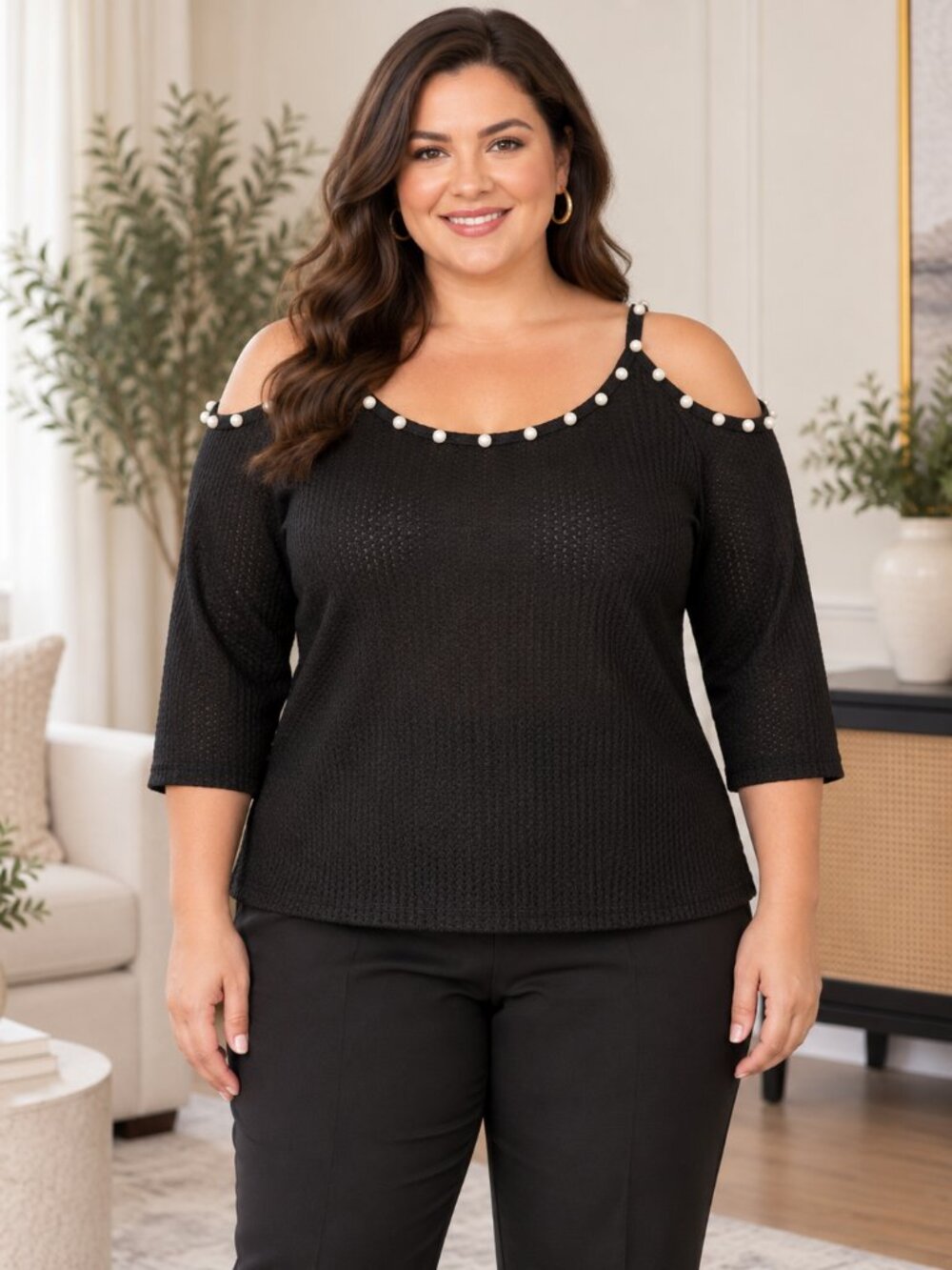 SHEIN Curve Plus 2XL Pearl Trim Cold Shoulder Black Knit Top